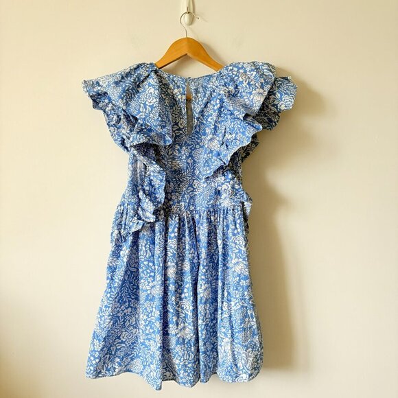 Zara Floral Ruffle Sleeve Cotton Poplin Mini Dress Blue White Size Large - Picture 13 of 14